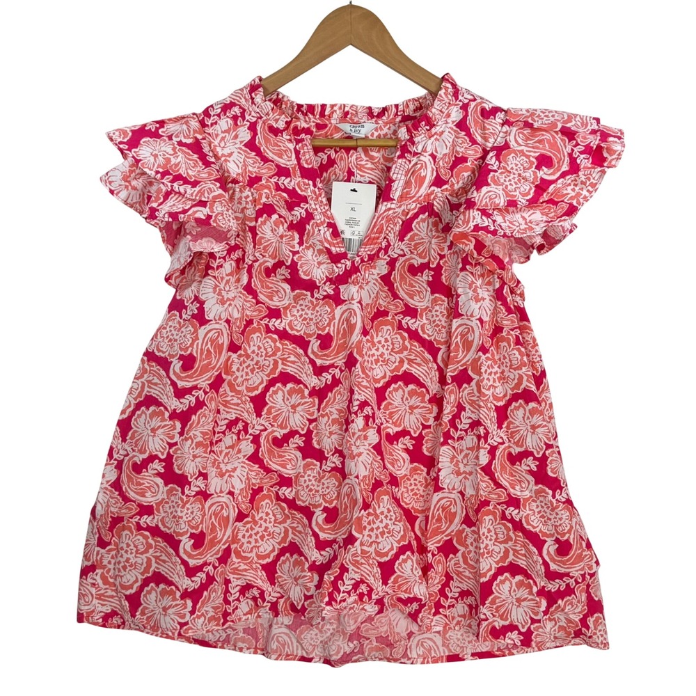 Crown & Ivy NWT Floral Paisley Ruffle Sleeve Blouse Top Pink Cream XL Women's